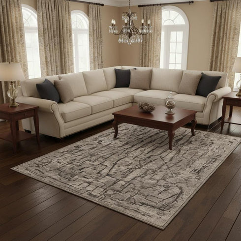 8' X 11' Gray And Black Abstract Distressed Area Rug