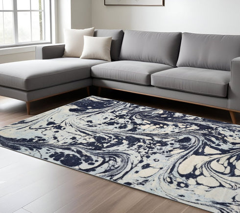 8' X 10' Blue And Ivory Abstract Shag Area Rug