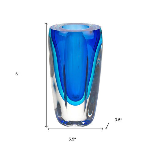 6" Blue And Clear Cylinder Crystal Glass Table Vase