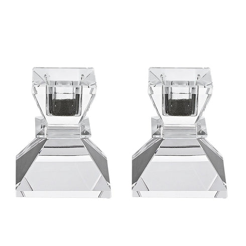 Set of Two Clear Crystal Tabletop Taper Candlesticks