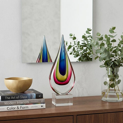 12" Clear Red Blue Yellow Murano Glass Modern Abstract Tabletop Sculpture
