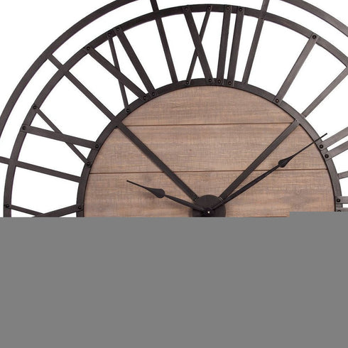 59" Black And Brown Metal and Solid Wood Skeleton Circle Wall Clock