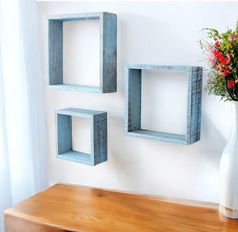 Set of Three Espresso Wood Square Hanging Dimensional Sculpture