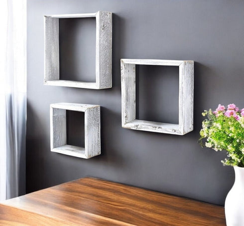 Set of Three Espresso Wood Square Hanging Dimensional Sculpture
