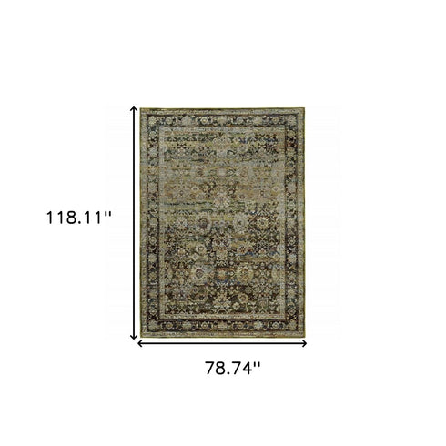 7' X 9' Green And Brown Floral Area Rug