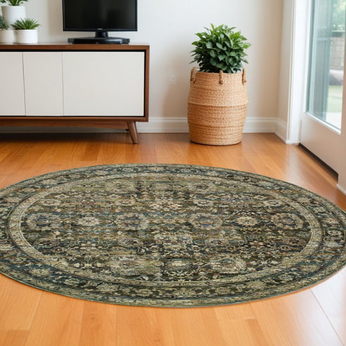 7' X 9' Green And Brown Floral Area Rug