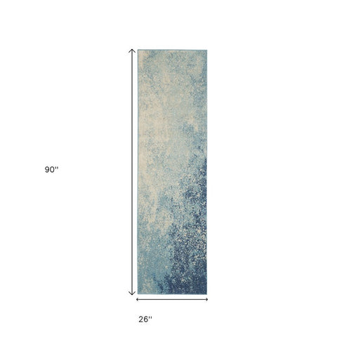 8' Blue And Ivory Abstract Runner Rug