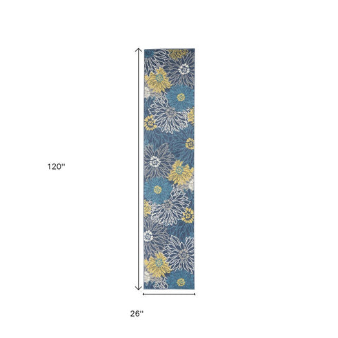 10' Blue And Gold Floral Runner Rug