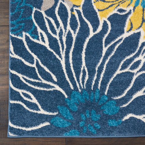 10' Blue And Gold Floral Runner Rug