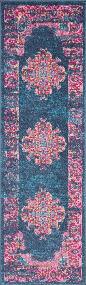 6' Blue And Pink Medallion Distressed Runner Rug