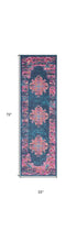 6' Blue And Pink Medallion Distressed Runner Rug