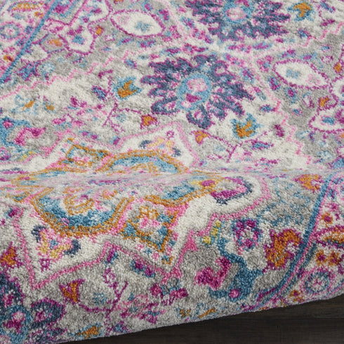 8' Light Gray And Pink Medallion Runner Rug