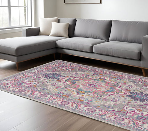 8' X 10' Light Gray And Pink Medallion Area Rug