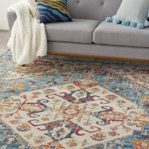 7' X 10' Ivory And Blue Oriental Distressed Area Rug