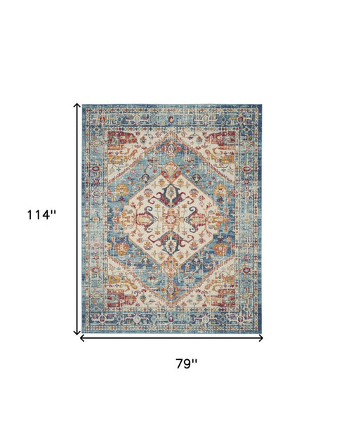 7' X 10' Ivory And Blue Oriental Distressed Area Rug