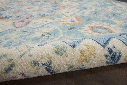 8' Ivory And Blue Oriental Distressed Round Rug