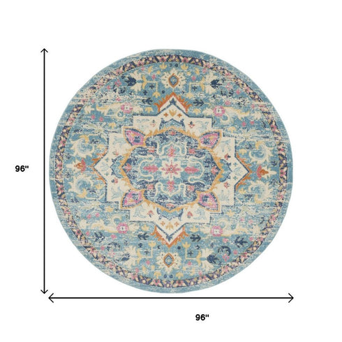 8' Ivory And Blue Oriental Distressed Round Rug