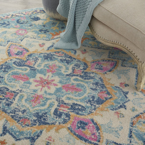 8' Ivory And Blue Oriental Distressed Round Rug