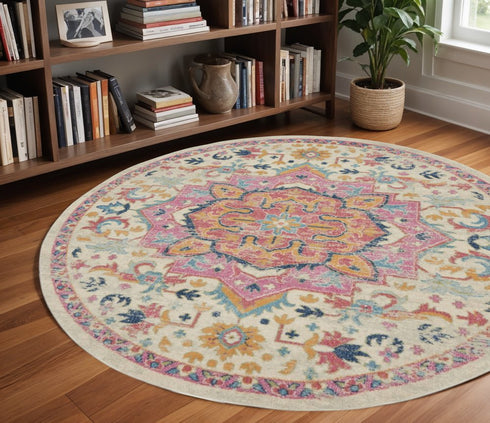 8' X 10' Pink And Ivory Southwestern Distressed Area Rug