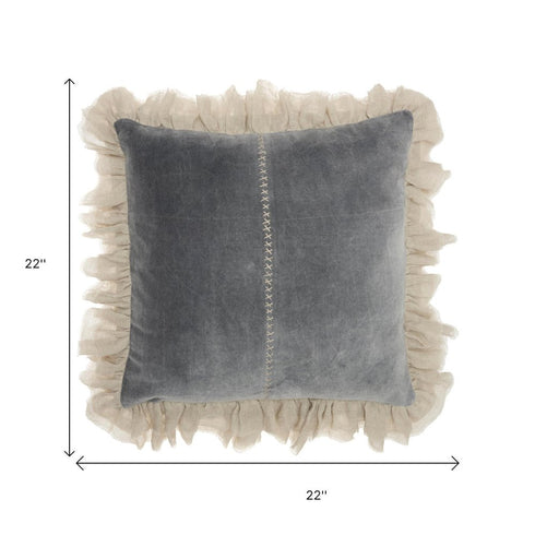 Wide Tasseled Marble Steel Blue Throw Pillow