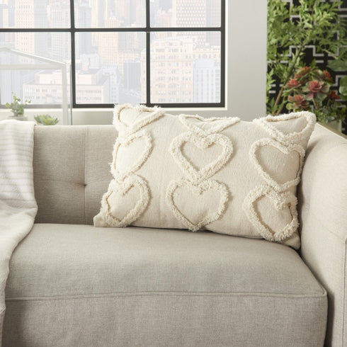 14" X 20" Off White Cotton Heart Throw Pillow