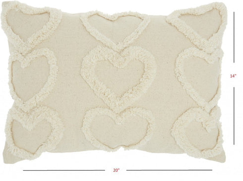 14" X 20" Off White Cotton Heart Throw Pillow