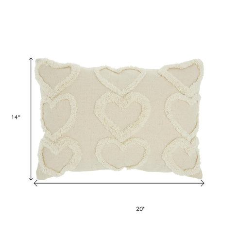 14" X 20" Off White Cotton Heart Throw Pillow