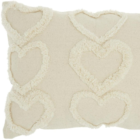 14" X 20" Off White Cotton Heart Throw Pillow