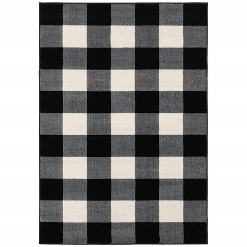 7' X 9' Black And Ivory Gingham Area Rug