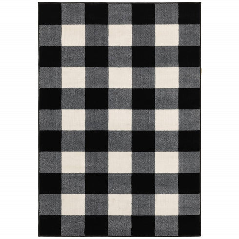 7' X 9' Black And Ivory Gingham Area Rug