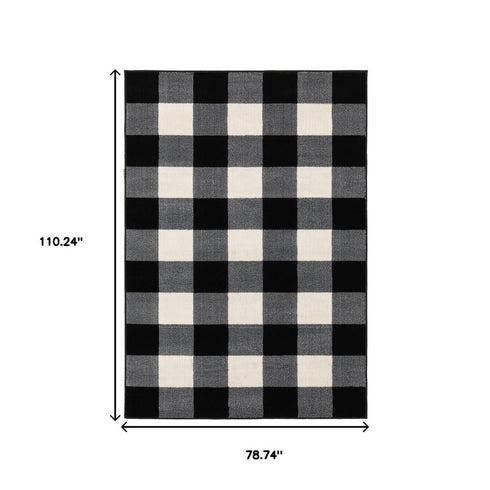 7' X 9' Black And Ivory Gingham Area Rug