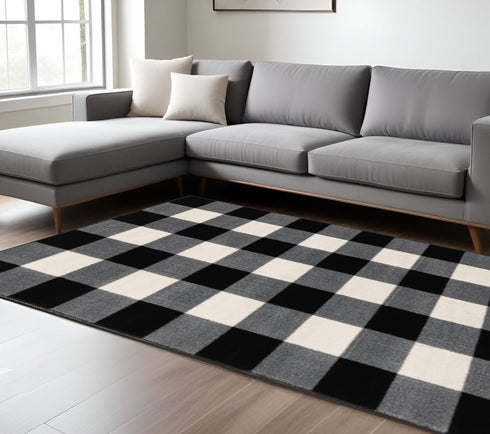 7' X 9' Black And Ivory Gingham Area Rug