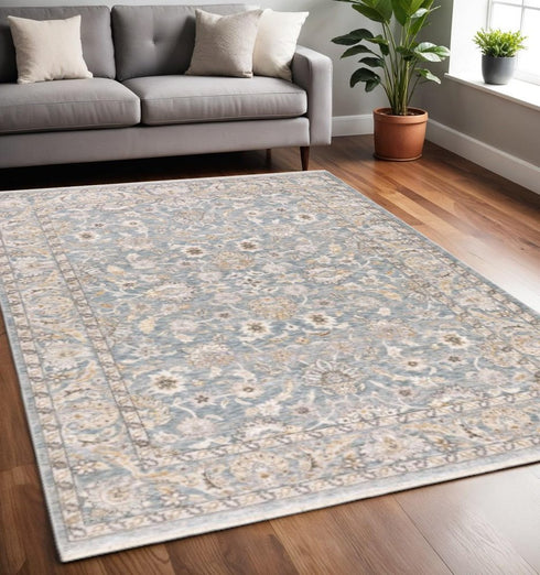 5' X 8' Blue And Ivory Oriental Distressed Area Rug