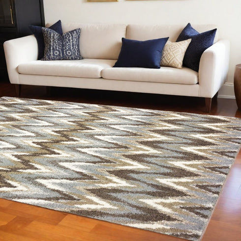 8' X 11' Gray And Taupe Ikat Pattern Area Rug