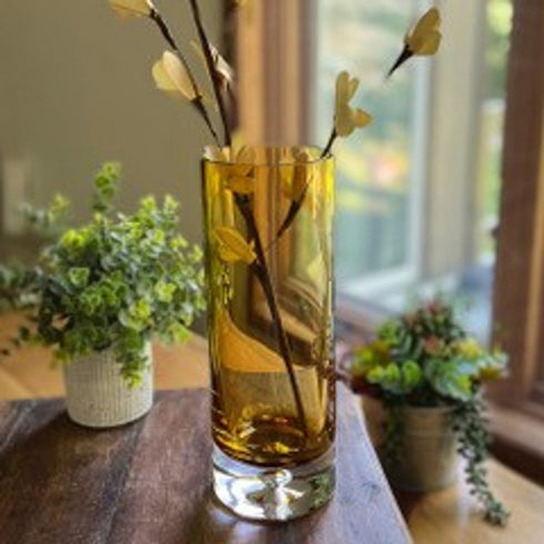 11" Amber And Clear Cylinder Lead Free Crystal Table Vase