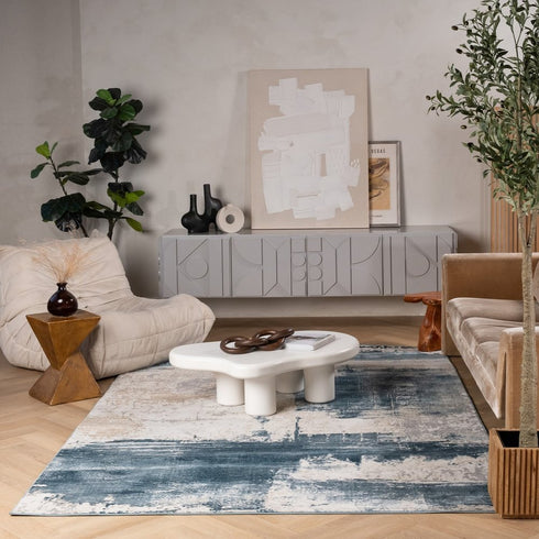8' X 11' Cream And Blue Abstract Patches Area Rug