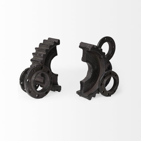 Set of Two Matte Black Industrial Cog Bookends