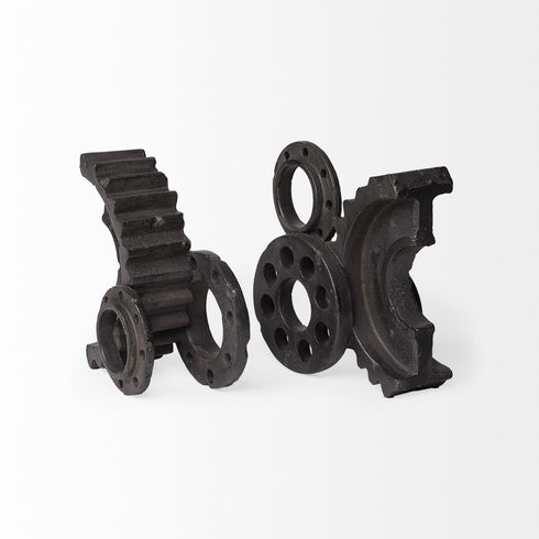 Set of Two Matte Black Industrial Cog Bookends