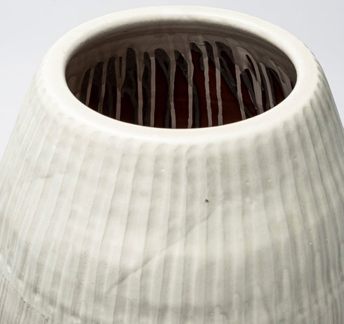 21" White Striped Ceramic Cylinder Floor Vase