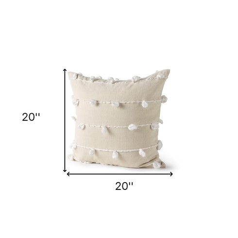 20" Cream And White Striped Canvas Throw Pillow Cover with Embroidery And Pompoms