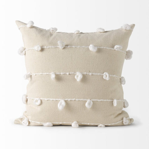 20" Cream And White Striped Canvas Throw Pillow Cover with Embroidery And Pompoms