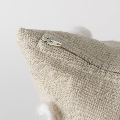 20" Cream And White Striped Canvas Throw Pillow Cover with Embroidery And Pompoms