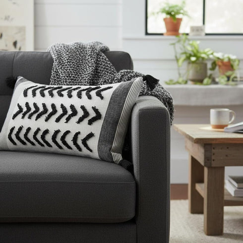 White And Gray Fringed Lumbar Pillow Cover