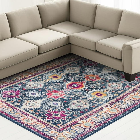 8' X 10' Blue and Ivory Oriental Area Rug