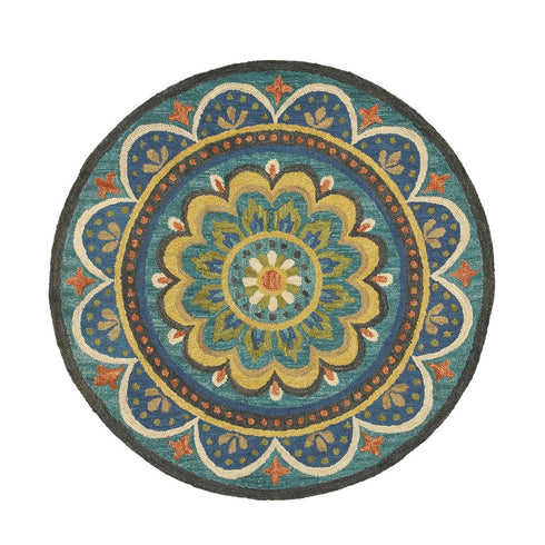 6' Blue Round Wool Geometric Hand Tufted Area Rug