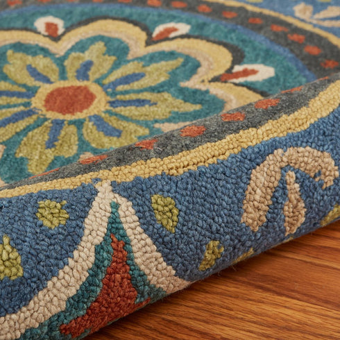 6' Blue Round Wool Geometric Hand Tufted Area Rug