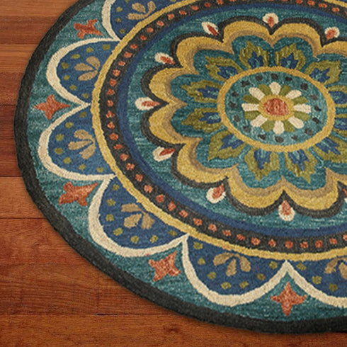 6' Blue Round Wool Geometric Hand Tufted Area Rug