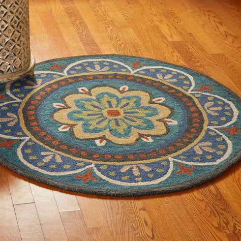 6' Blue Round Wool Geometric Hand Tufted Area Rug
