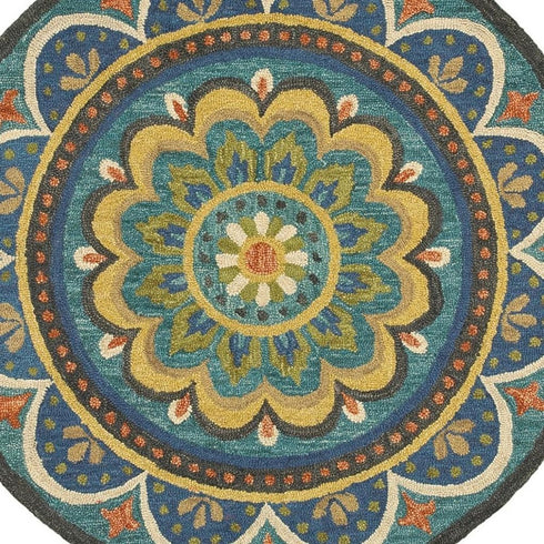 6' Blue Round Wool Geometric Hand Tufted Area Rug