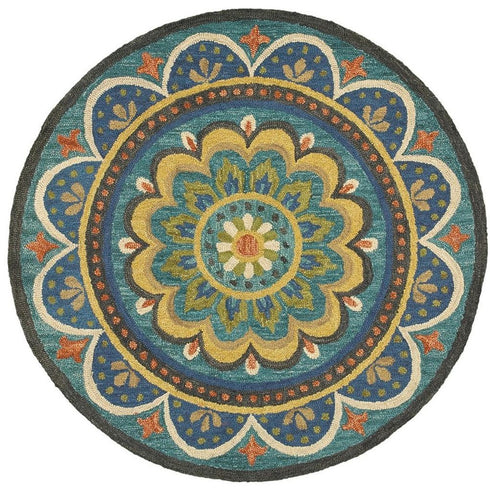 6' Blue Round Wool Geometric Hand Tufted Area Rug